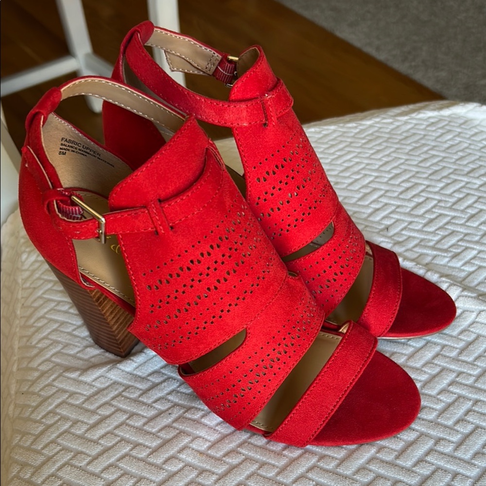 Red Chunky Heel Sandals with Ankle Strap